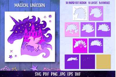3D Unicorn Shadow Box SVG | Unicorn Paper Cut Template SVG