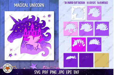 3D Unicorn Shadow Box SVG | Unicorn Paper Cut Template SVG
