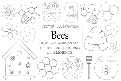 Bees coloring. Bees flowers graphic. Bees SVG. Honey SVG