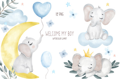 Watercolor boy elephant clipart PNG, Baby shower clipart PNG