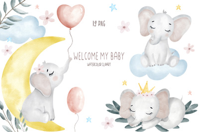 Watercolor girl elephant clipart PNG, Baby shower clipart