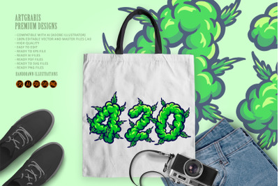 420 words lettering with weed smoke ornate