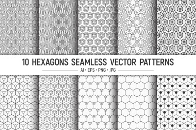 Hexagons digital paper, 10 seamless vector patterns