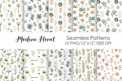 Watercolor modern floral seamless patterns.