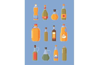 Oil bottles collection. Liquid ingredient for cooking food garish vect