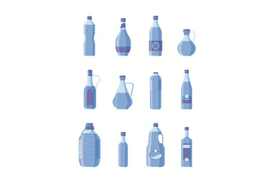 Water bottles. Transparent containers for liquid products garish vecto