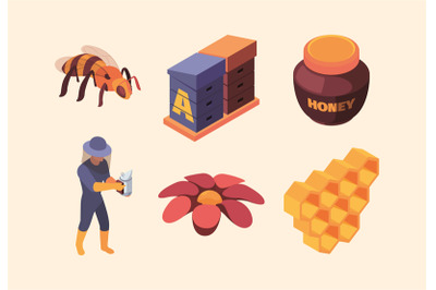 Apiary isometric. Honey farm and accessories flowers bees keeping cust