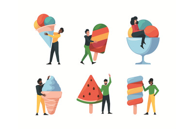 Ice cream characters. People eating delicious cold snacks ice cream fo