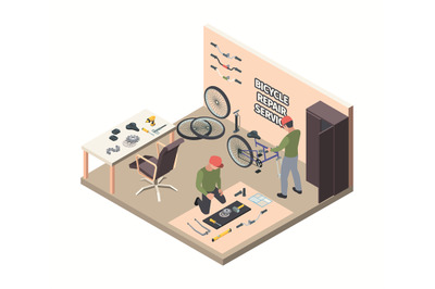 Bicycle repair. Workers engineers holding bike tools wheels cog bicycl