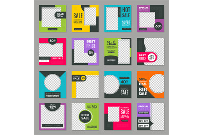 Social media templates. Web promotional banners ads in square frames s