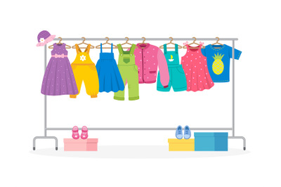 Clothes on hanger. Fabric showcase with rack clothes shopping sales re