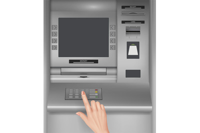 ATM screen. Monitor of payment machines hand holding money and banking