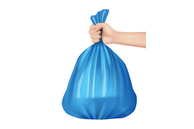 Trash bag in hand. Plastic containers for industrial recycling process