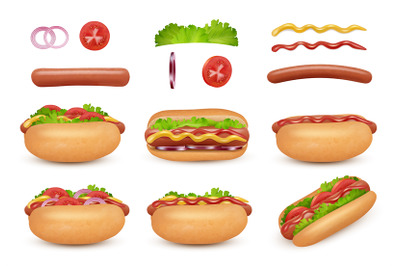 Hot dog realistic. Fast food ingredients sausage tomato onion ketchup