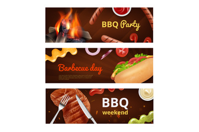 Bbq banners. Meal sausage for grill party hot dog burgers with steak b