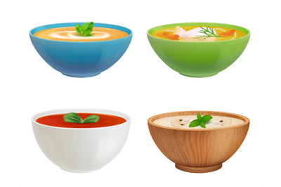 Bowls with soup. Gazpacho chicken puree soup with fish decent vector c