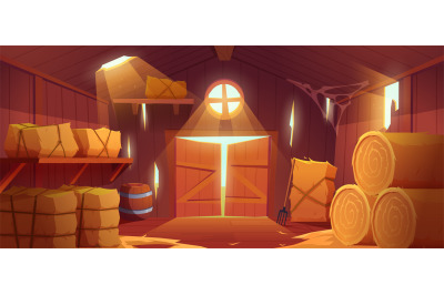 Barn interior. Rural countryside wooden building with pack of square h