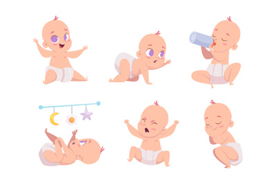 Newborn baby. Infant toddler boys or girls in action poses playing wit