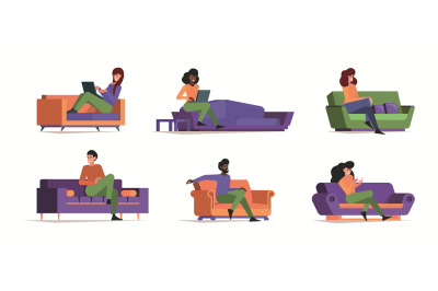 Rest on sofa. Characters relaxing on couch lazy people sleeping person