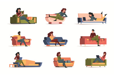 Lazy people. Relaxing persons rest on couch sleeping characters garish