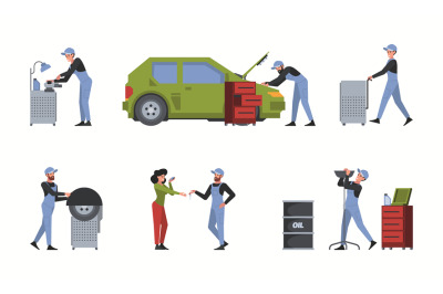 Autoservice characters. Workers repairing cars mechanic changing wheel