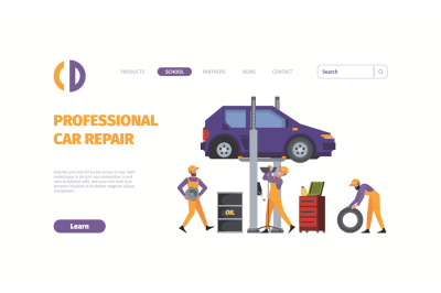 Auto service landing. Mechanic workers repairing processes service cen