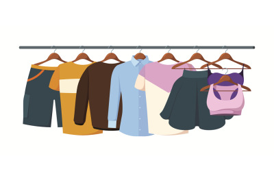 Clothes on hangers. Fashioned casual clothes for men and women in ward