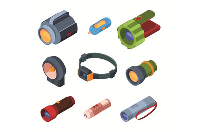 Electric lantern. Isometric flashlight beams in night search electric