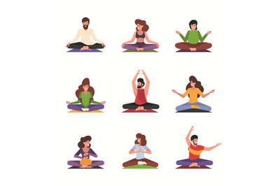 Meditation persons. Mindfulness characters breathing relaxing people s