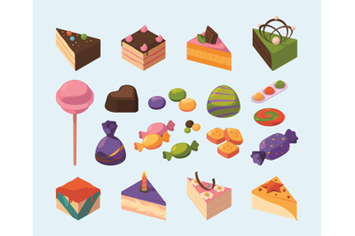 Candy isometric. Sweets delicious food for happy kids lollipop chocola