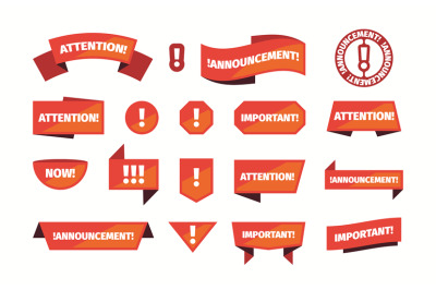 Attention banners. Announcement red stamps for priority ads sales noti