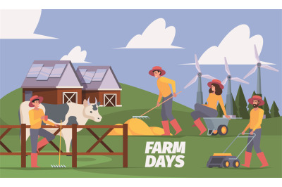 Outdoor farm background. Active farmers working on field garish vector