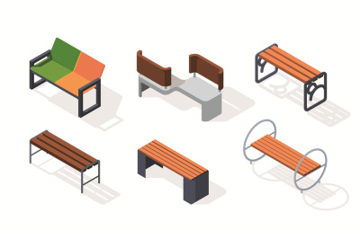 Urban benches isometric. Outdoor city decoration wooden square comfort