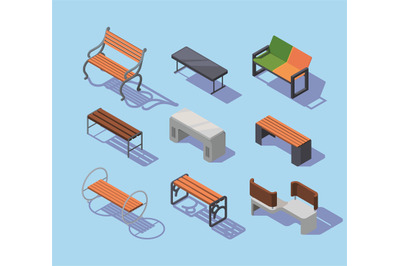 Isometric benches. Urban outdoor modern city furniture comfort wooden