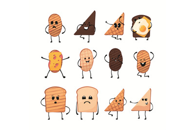 Bread characters. Cartoon toasts baguette croissants sweet desserts fu