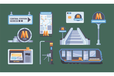 Metro system. Urban city subway elements train baggage passengers metr