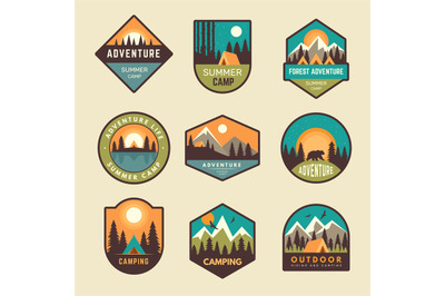 Adventure badges. Summer camp mountains forest hiking exploring scout