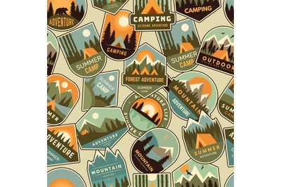 Camp badges pattern. Exploring logo for scouts outdoor adventure fores