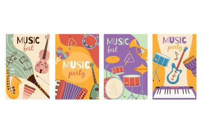 Musical instruments cards. Festivals and party posters with different