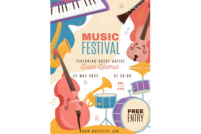 Musical festival poster. Jazz band party invitation&2C; different instrum