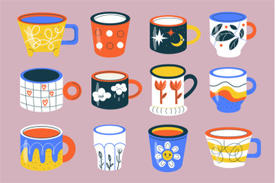 Trendy cups. Beautiful tea and coffee mugs, color patterned crockery,