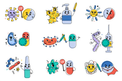 Antibiotic fight virus. Medical ampoules and syringes characters&2C; tabl