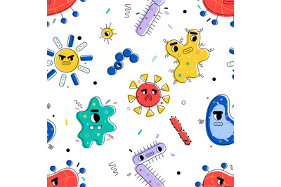 Bacteria seamless pattern. Funny microscopic viruses and germs charact