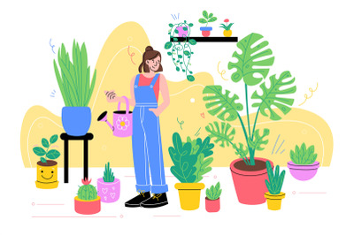 Girl with houseplants at home. Young happy woman in room caring potted