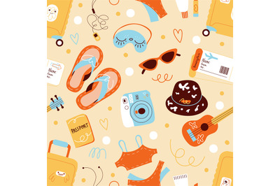 Summer travel accessories seamless pattern. Tourism and journey&2C; beach