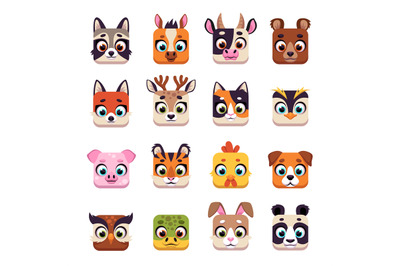 Animal square face. Cute cartoon UI icons with funny muzzles&2C; wildlife