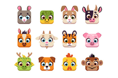 Square cute chinese animals. Cute horoscope muzzles, cartoon UI icons,