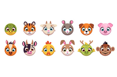 Animals circle faces. Funny cartoon muzzles, round shapes, UI apps ico