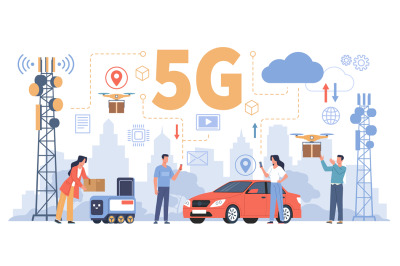 5g technology people. Modern wireless world&2C; transmitter towers in cit