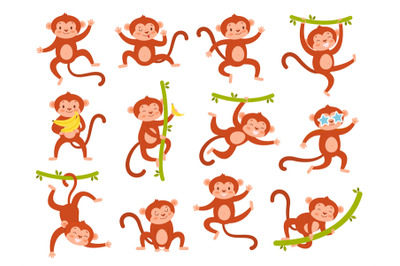 Cute monkey character. Funny jungle baby animal mascot in different po